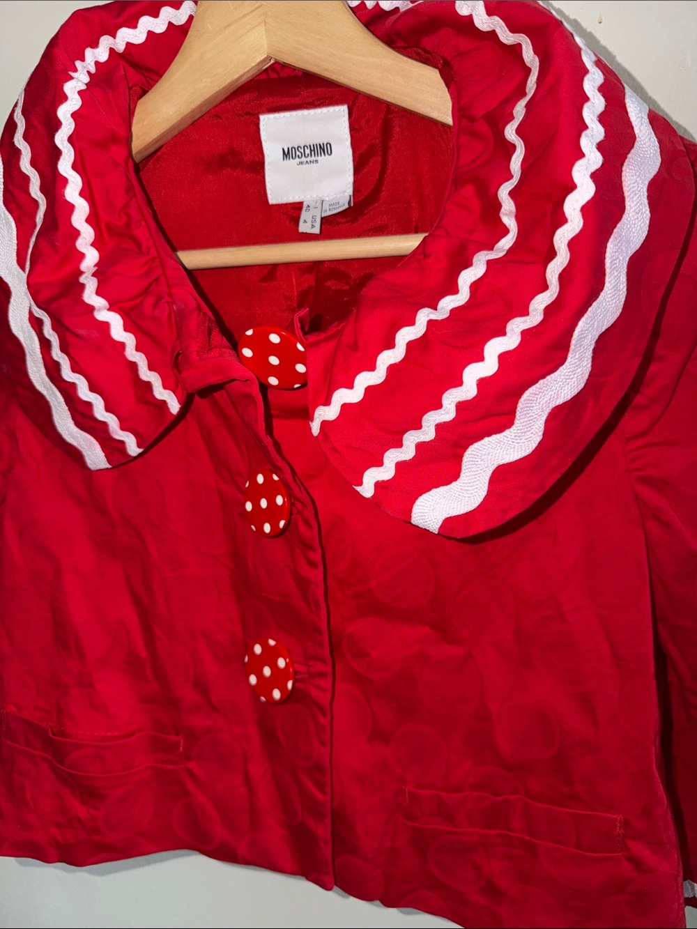Moschino Jeans Peter Pan Collar Red Cropped Jacket Sz. 4 - Picture 3 of 8